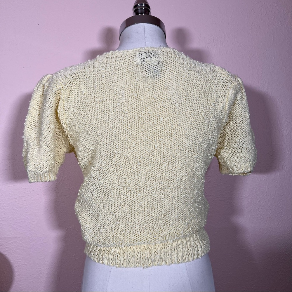 Vintage 70 80 Retro Pale Yellow Nubby Puff Sleeves Feminine Cropped Sweater - Picture 9 of 16